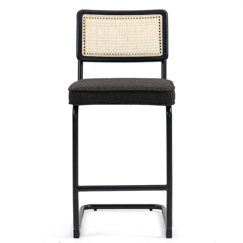 Set of 2 Ayers Black Fabric Counter Stool with Rattan Backrest and Black Steel Legs