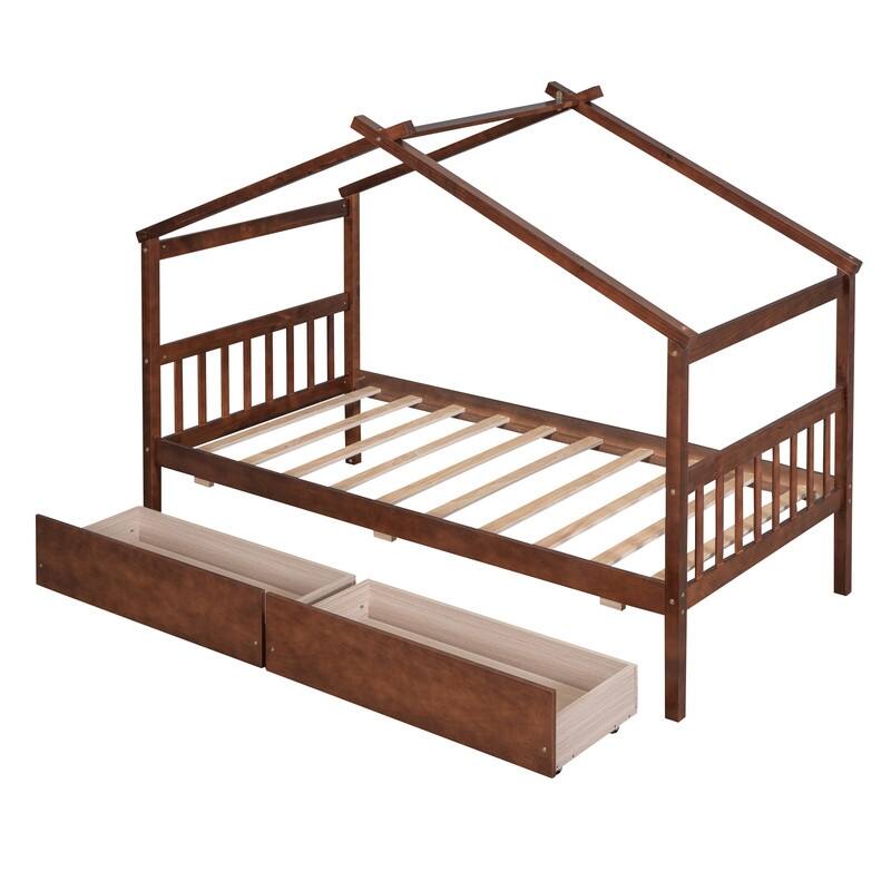 Twin Size Wooden House Bed with Drawers