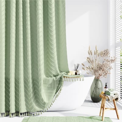 Boho Farmhouse Shower Curtain, Sage Green Tufted Chevron, 72"x72"