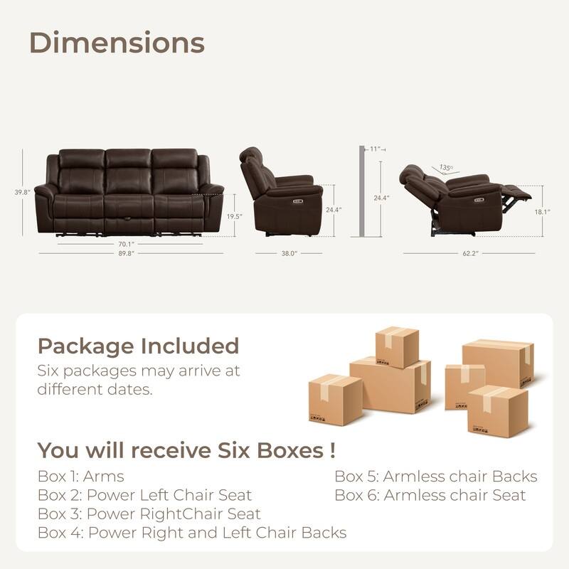 Spruce & Spring Genuine Leather Power Reclining Sofa with Optional Console & Flip-Down Table