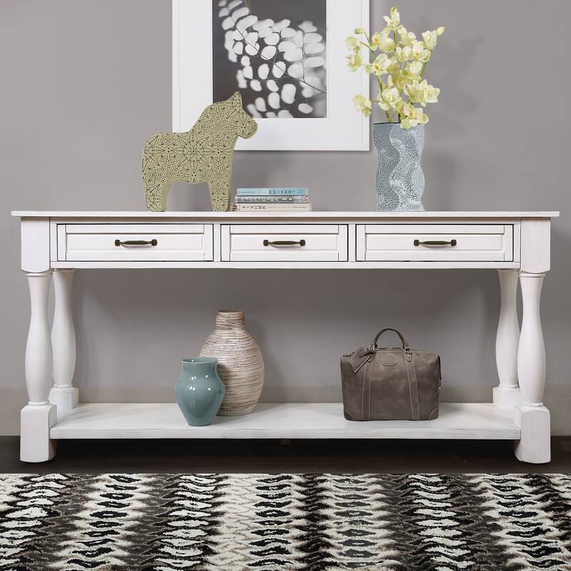 Long Wood Console Table with 3 Drawers and 1 Bottom Shelf - White