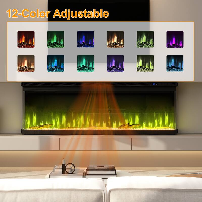 3-Sided Electric Fireplace with 12-Color Flame, Dual Heat Settings 750W/1500W, Smart App & Remote Control – 50/60/70 Inch