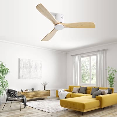 52" Flush Mount Ceiling Fan without Light,Reversible DC Motor,Wood Blades,White and Burlywood - 52