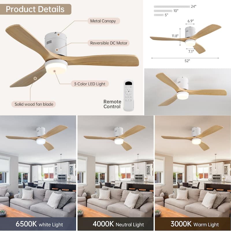 52 Inch Flush Mount Wood Blades White Ceiling Fan Reverse Airflow,6 Wind Speed,Remote Control