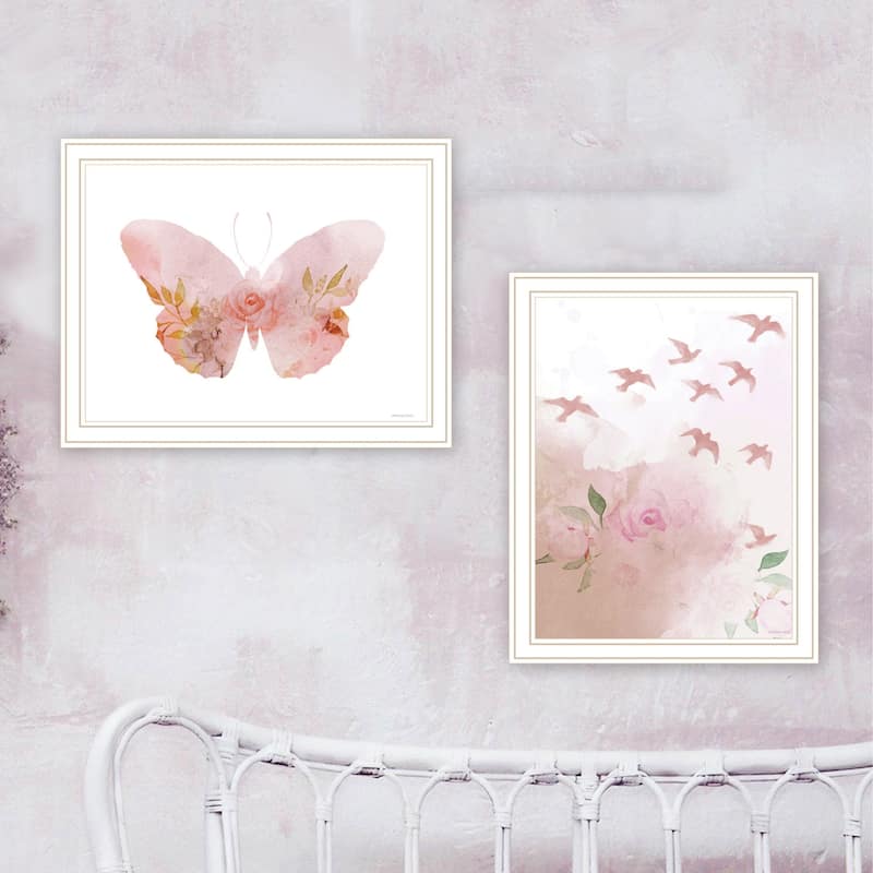 2-Piece Framed Wall Art Set - Meadow Flora Birds and Butterflies, Abstract - White