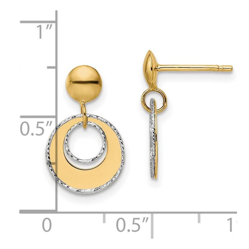 Curata 14k Two tone Gold Polished Textured Flat Circles Post Dangle Earrings 16.5mm