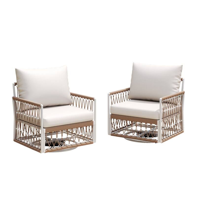 Bohemian Swivel Chairs Set of 2, Patio Lounge Chairs with Cushions, Modern Woven Rope Armchairs for Backyard, Outdoor, Poolside