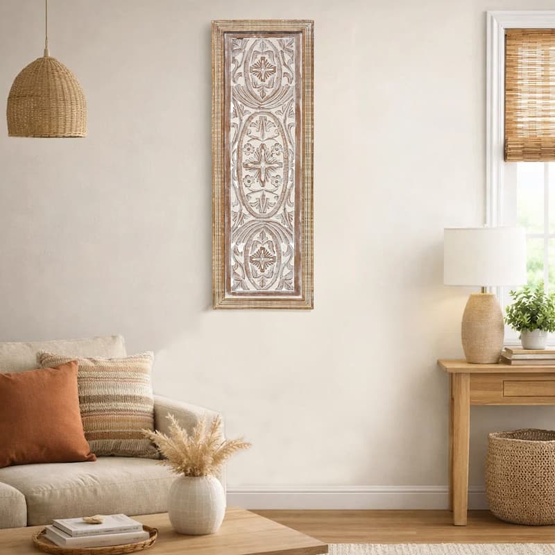 Rectangular Mango Wood Wall Panel Hand Crafted With Intricate Carving, White and Brown - White and Brown