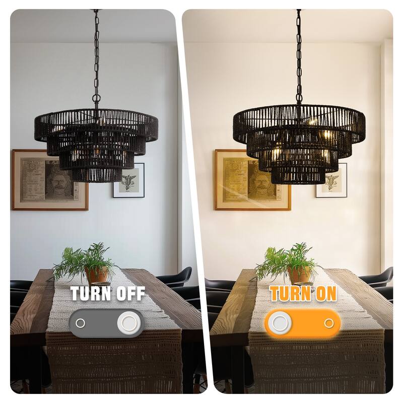 YANSUN Boho Chic 4-Tiered Chandelier 6-Light Pendants with 6 Black Metal Arms & Rattan Shades,19.69"Diameter,E12 Base