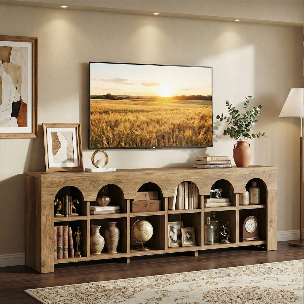 63" TV Stand for 65/70/75-Inch TVs, Farmhouse Entertainment Center with 12 Cubbies