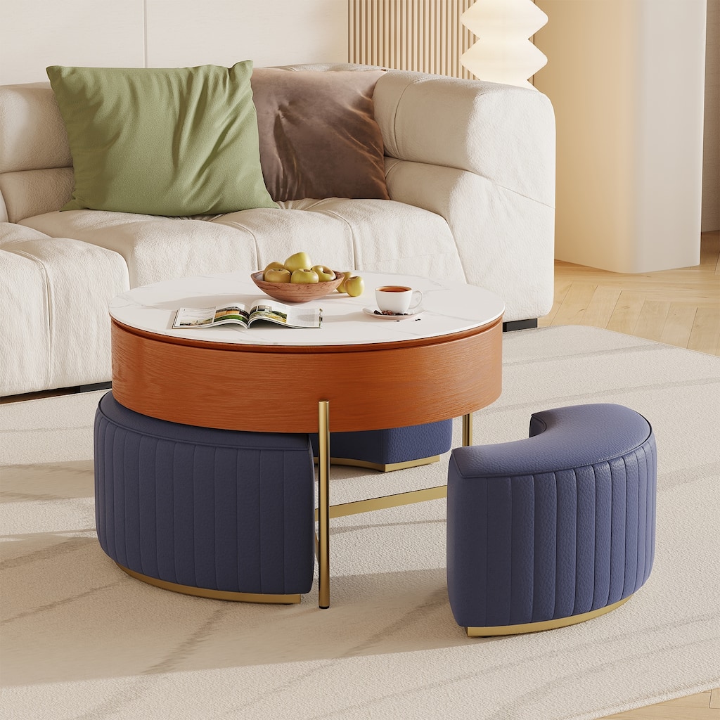 Lift Top Extendable Frame Coffee Table with Storage 3 Stools, Stainless Steel Legs - L 31.5'×W 31.5'×H 19.29'