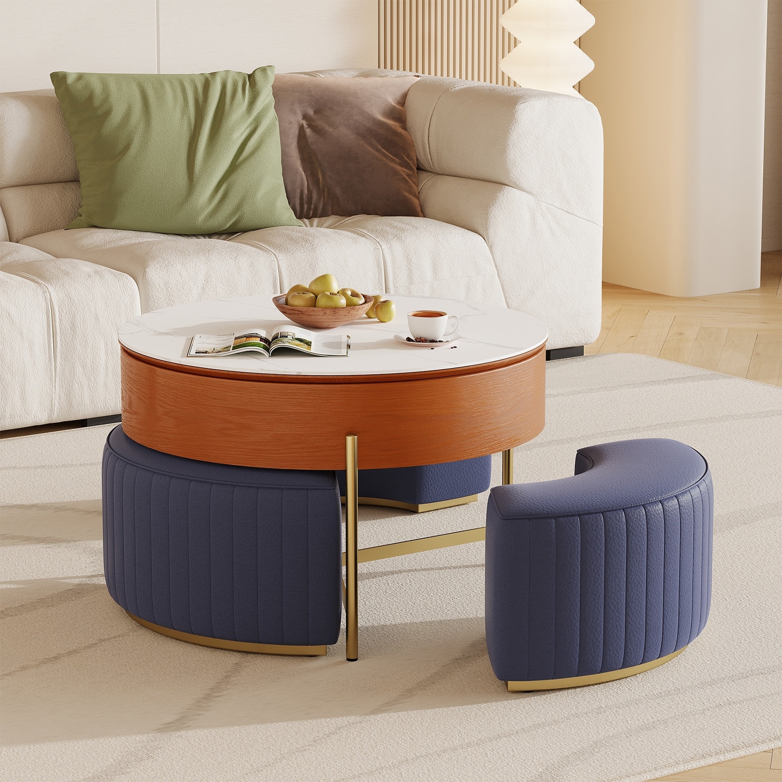 Lift Top Extendable Frame Coffee Table with Storage 3 Stools, Stainless Steel Legs - L 31.5'×W 31.5'×H 19.29'