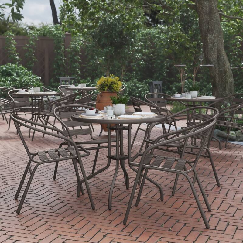 31.5" Round Glass Metal Table with 4 Metal Aluminum Slat Stack Chairs - Bronze