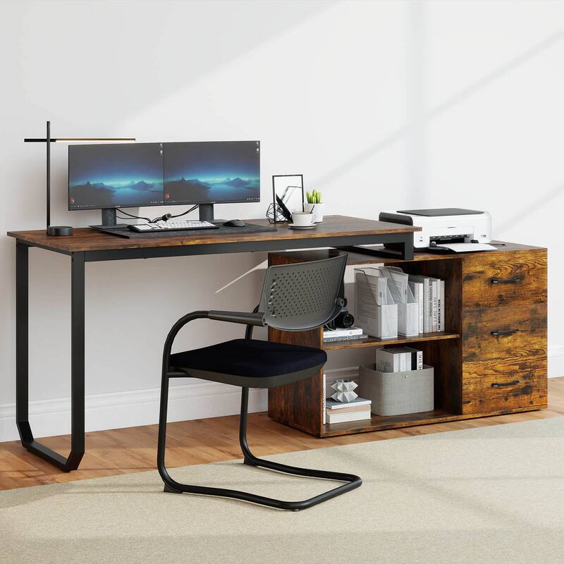 Costway L-Shaped Desk with Power Outlet 55" Reversible Computer Desk