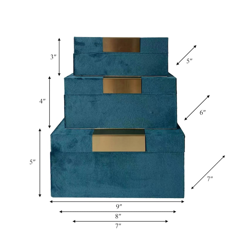 Wood & Velvet Storage Boxes with Gold Accents, Set of 3 - 9" x 7" x 5"