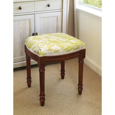 Chartreuse Tuscan Floral Vanity Stool with wood stained finish