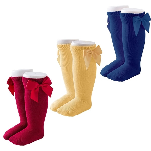 slide 2 of 6, CozyWay Knee High Bow Socks, Red Navy Blue Mustard, 3 pair