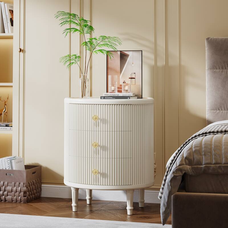 Wooden Nightstand with 3 Drawers and Solid Wood Legs for Bedroom, White
