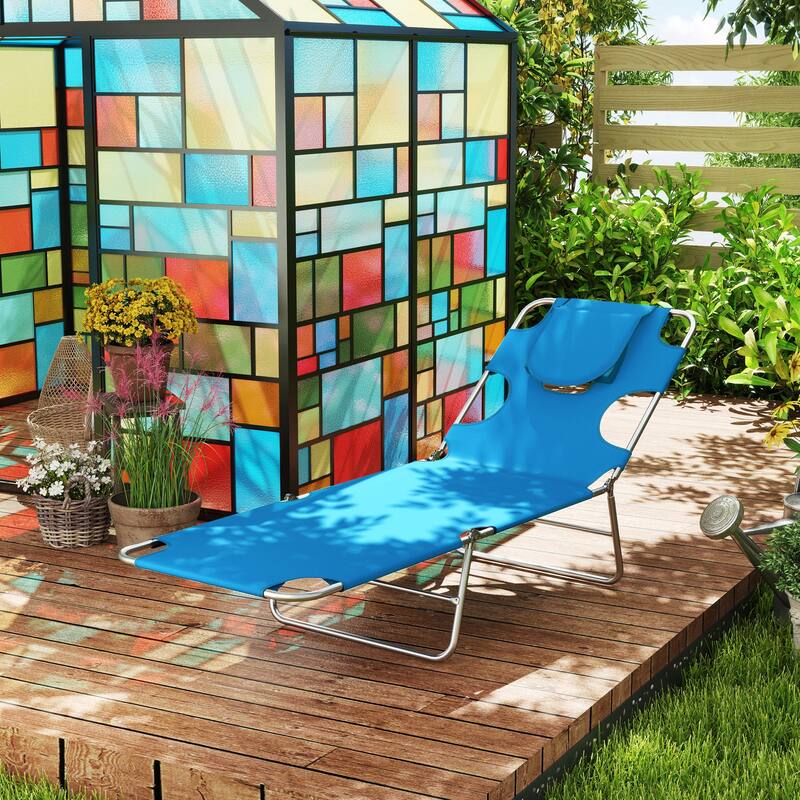 Outsunny Folding Beach Lounge Chair with Face Hole and Arm Slots, 5-level Adjustable Sun Lounger Tanning Chair with Pillow