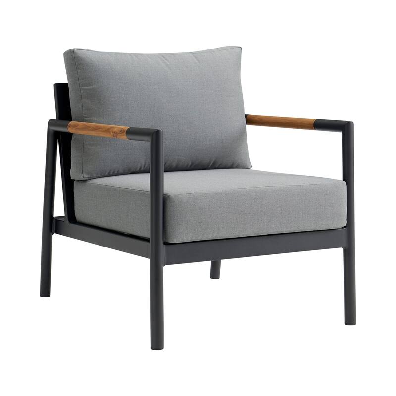 Crown Black Aluminum and Teak Wood Outdoor Chair with Gray Cushions