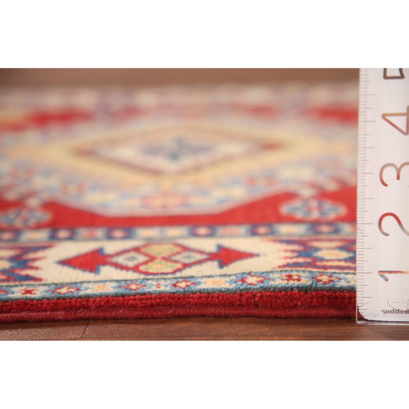 Geometric Kazak Oriental Accent Rug Hand-Knotted Red Wool Carpet - 2'7"x 3'8"