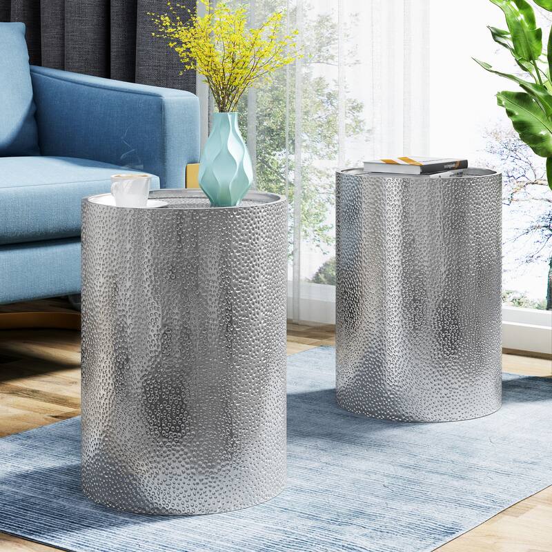 Modern Round Side Table with Gorgeous Hammered Surface and Sturdy Iron Frame for Living Room (Set of 2)