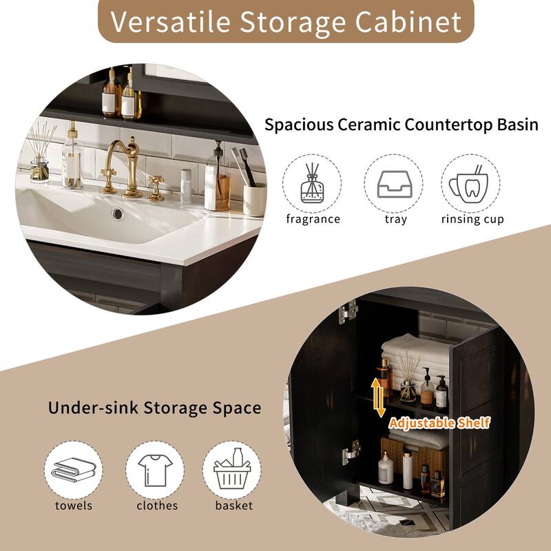 30" Rustic Bathroom Vanity with Ceramic Sink, Soft-Close Doors & Adjustable Shelf, Espresso Storage Cabinet, Modern Wood Frame