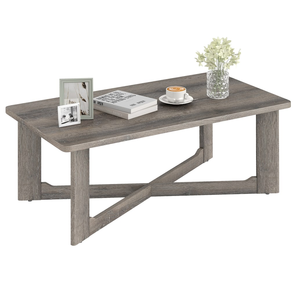 Gymax Coffee Table Solid Rubber Wood Center Table w/ X-Shaped Base for