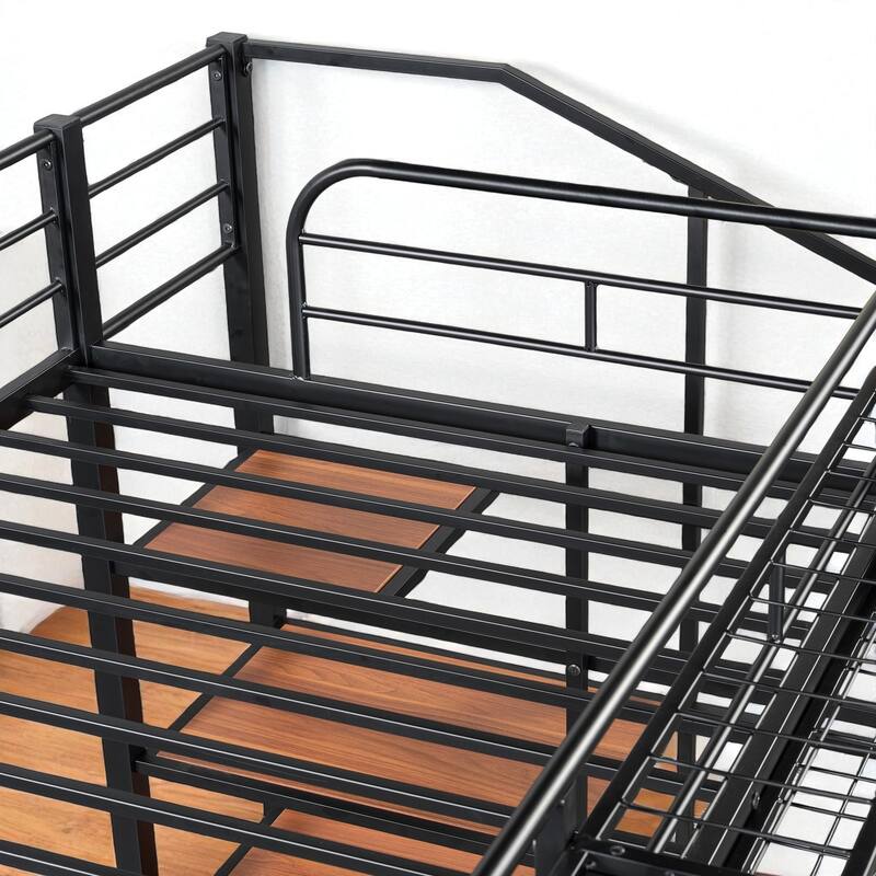 Twin Size Metal Loft Bed with Grid Storage Shelf and 4-Tier Lateral Ladder Shelves