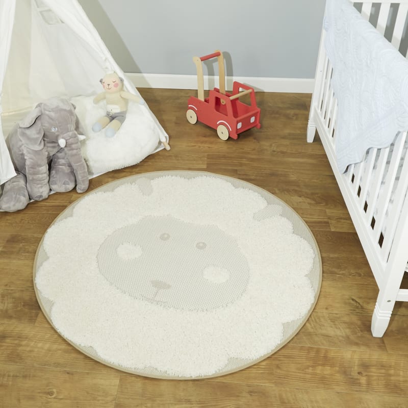 Mod-Tod Sheep Kids Animal Area Rug - 3'11" Round - Ivory