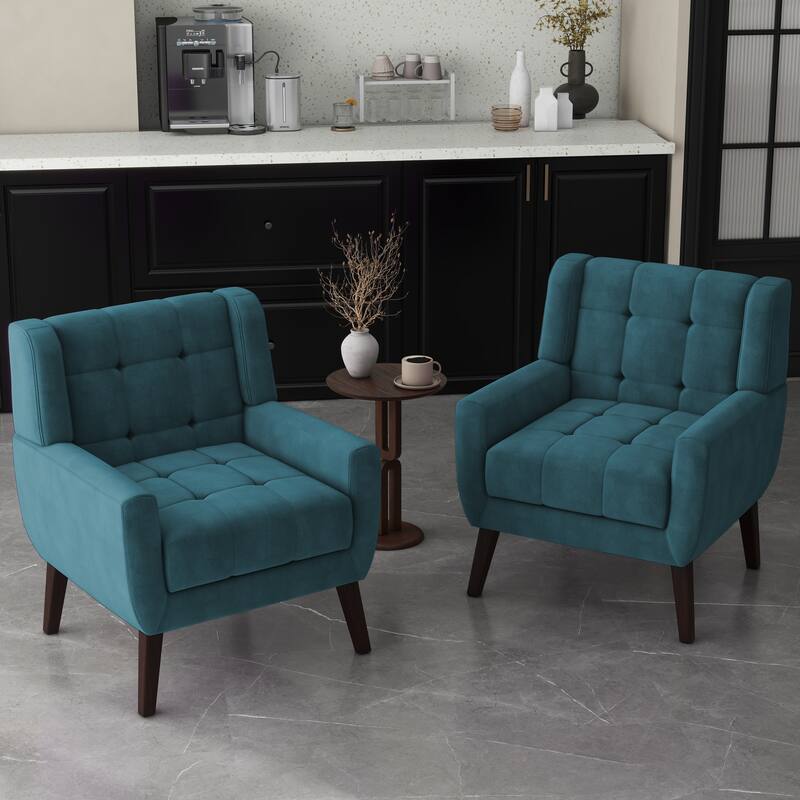 Set of 2 Tufted Upholstered Accent Armchair - Blue-Velvet