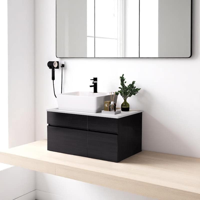 31.5" Wall-Mounted Bathroom Vanity with Vessel Ceramic Sink, Soft-Close Drawer & Doors,Engineered Stone Top(Faucet Not Included)