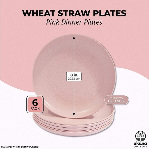 Wheat Straw Plates, Unbreakable Dinner Plate (Pink, 8 In, 6 Pack