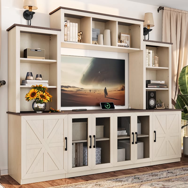 Modern 87.6" Wall Unit Entertainment Center with Bookshelves for TVs up to 55", TV Stand Media Console with Charging Station