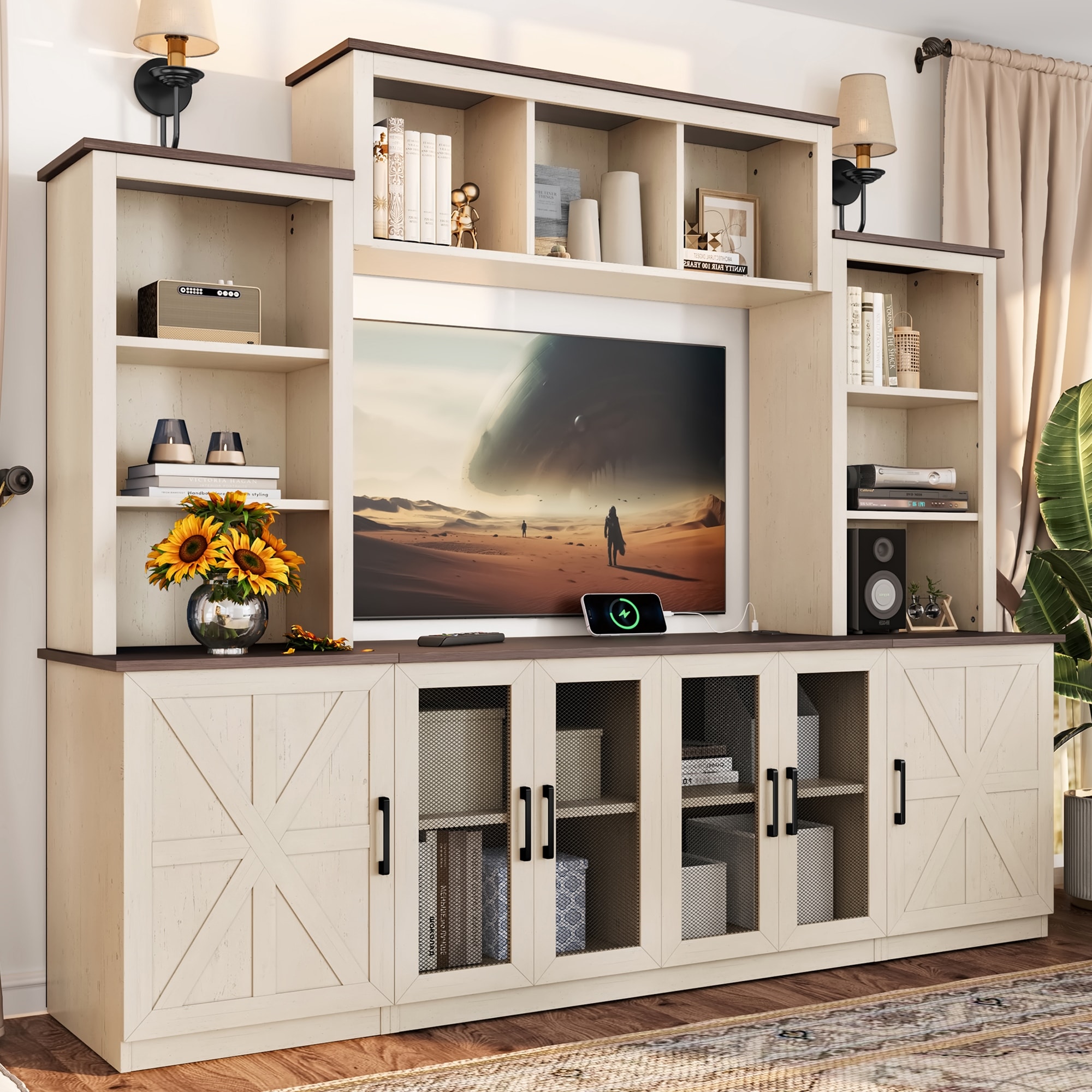 Modern 87.6" Wall Unit Entertainment Center with Bookshelves for TVs up to 55", TV Stand Media Console with Charging Station