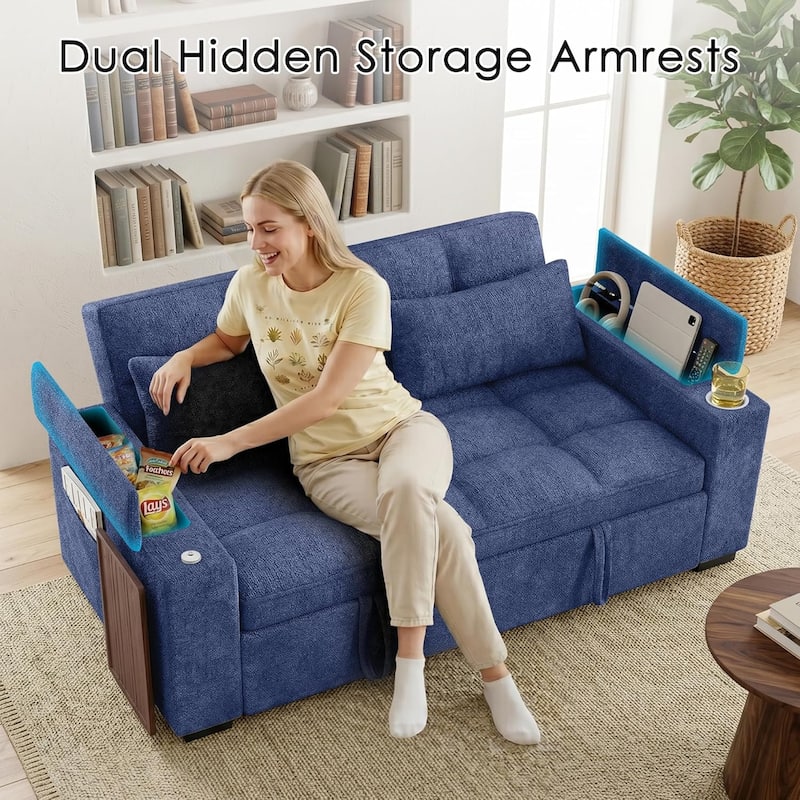 68" Chenille Fabric Sleeper Sofa Bed,Pull Out Couch with 360 Degree Swivel Side Table,USB Port,Cup Holder,Armrest Storage