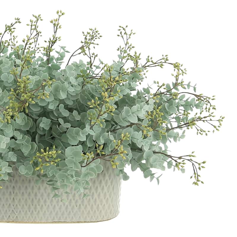Seeded Eucalyptus Arrangement in an Oval Ceramic Pot - Teal, Green, Gray