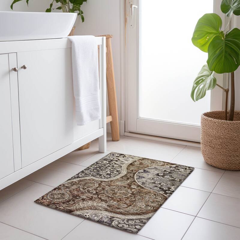 Machine Washable Indoor/ Outdoor Modern Paisley Chantille Rug - Brown - 1'8" x 2'6"