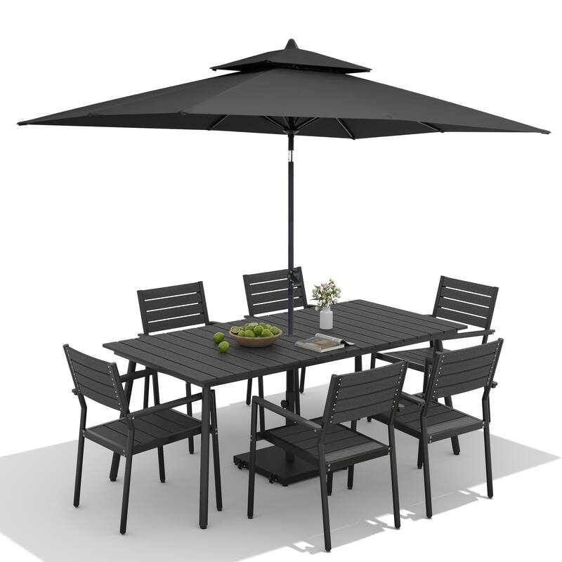 9-Piece Outdoor Dining Set Aluminum Table and 8 Stackable Chairs and 10 ft Umbrella with Base