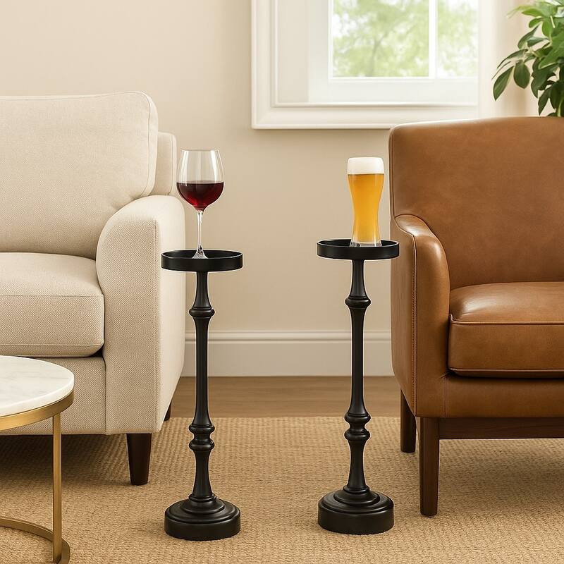 Glam Black Powder-Coated Steel Martini Pedestal Side Table, Indoor/Outdoor, Black