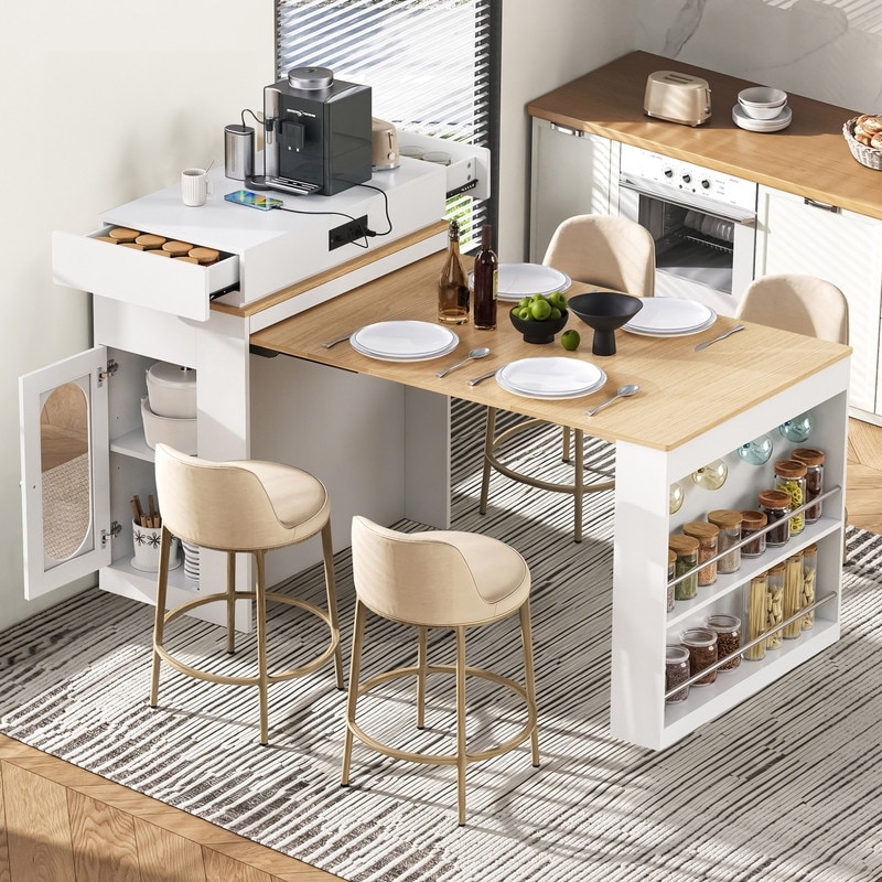 57.7" Kitchen Island with Extendable Top on Wheels, Kitchen Dining Table, Bar Table with Drawers and Power Outlet