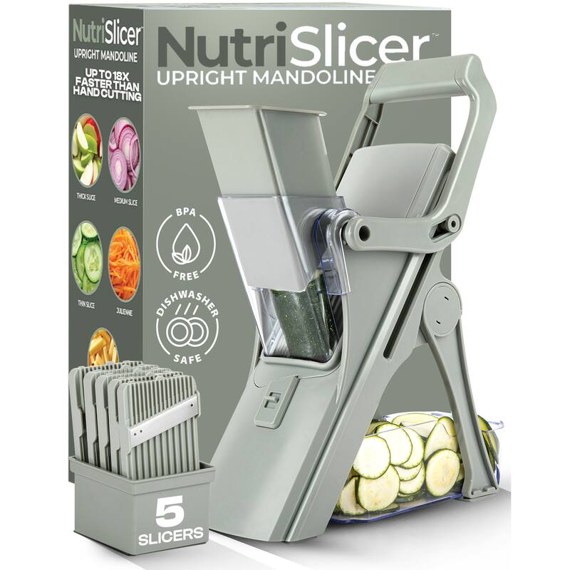 NutriSlicer Upright Mandoline Slicer - 5 Stainless Steel Blades, BPA-Free and Dishwasher Safe - Olive