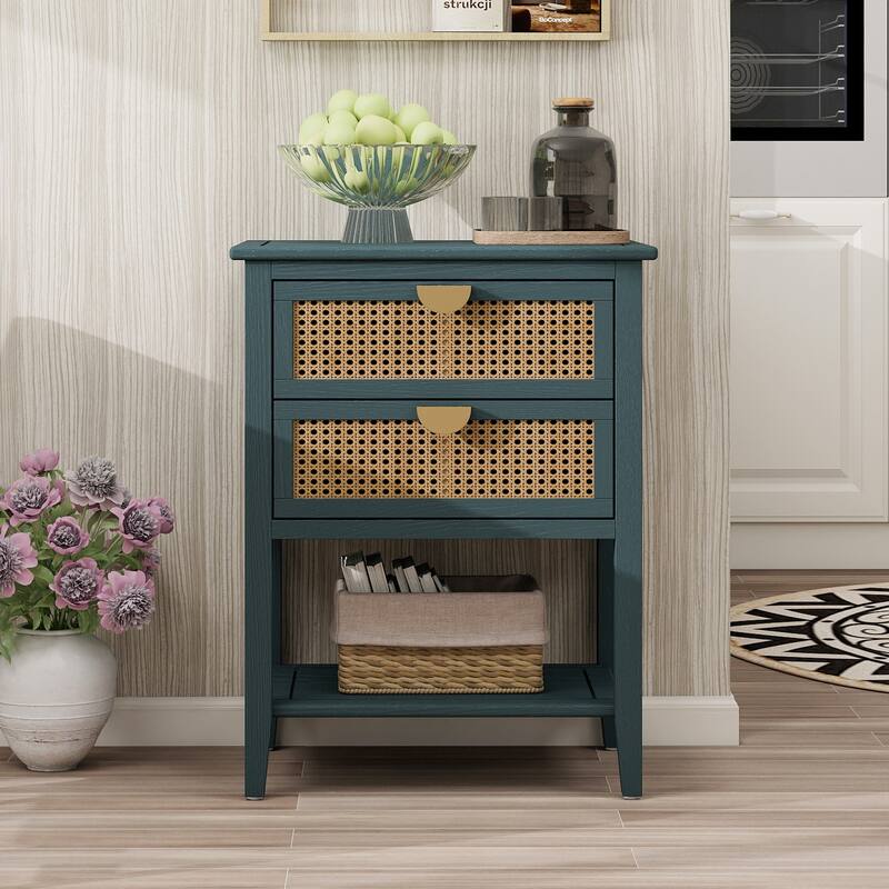 Nightstands with 2 drawers, rattan nightstands, drawers and shelves - Green