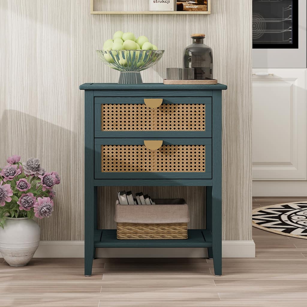 Roomfitters 2 Drawer Side Table, Rattan Nightstand End Table with Storage for Bedroom, Living Room