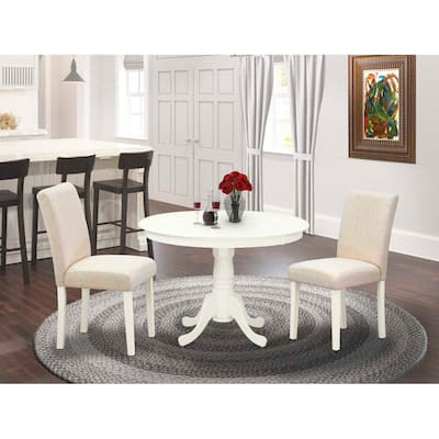 Vintage Round Kitchen Table Set - 3pc Table & 2 Chairs - Linen White Legs - Light Beige Fabric