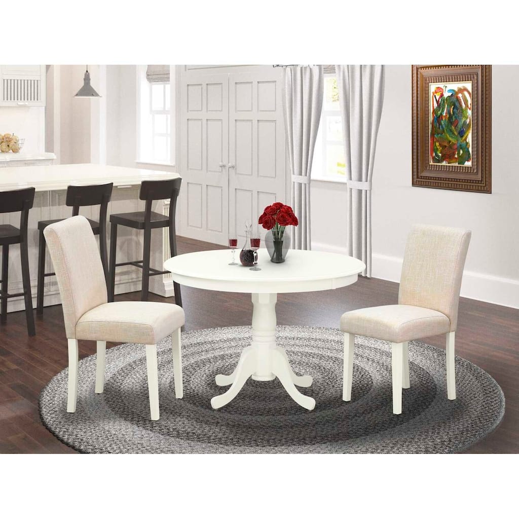 Vintage Round Kitchen Table Set - 3pc Table & 2 Chairs - Linen White Legs - Light Beige Fabric