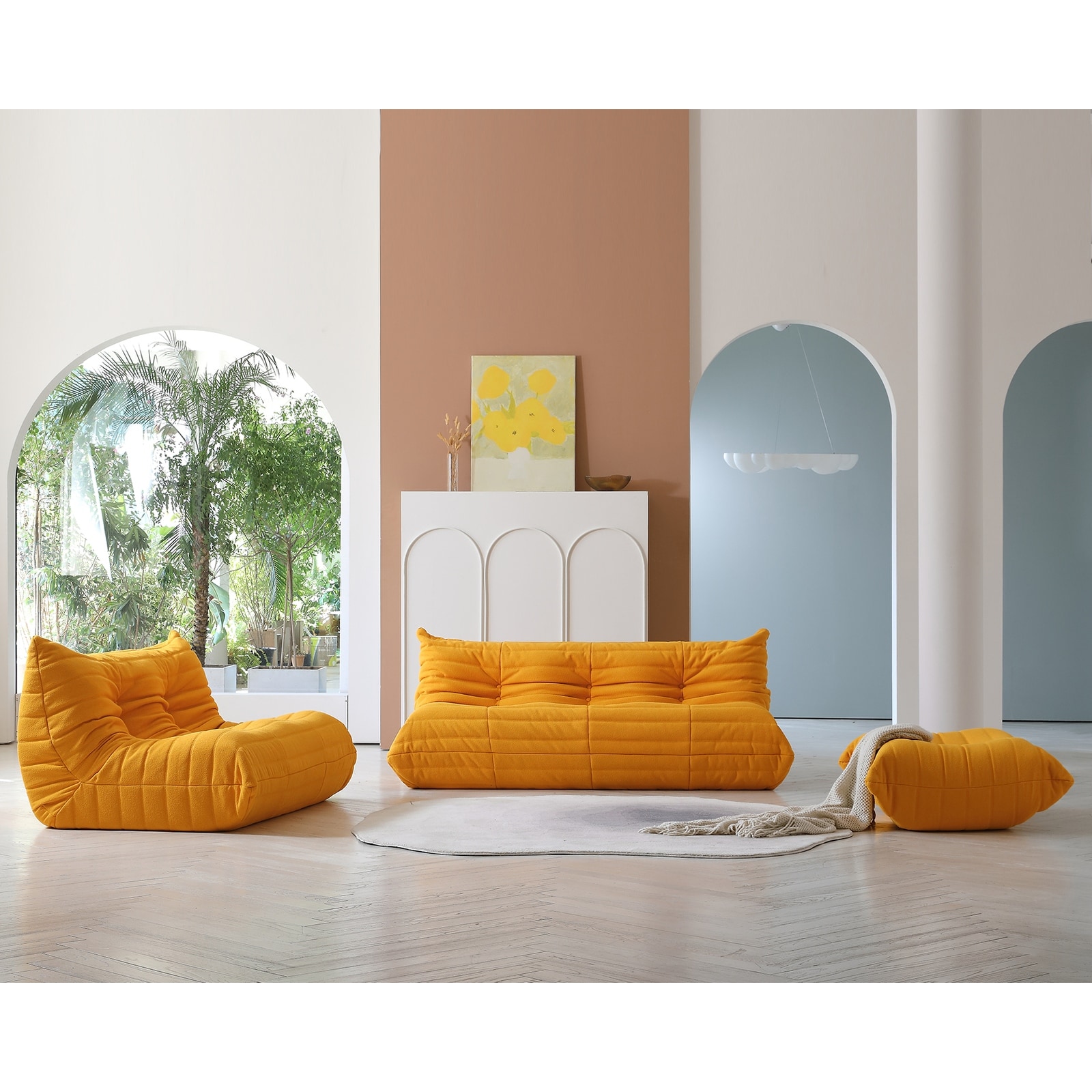 Teddy Velvet Floor Couch Comfortable Back Support Lazy Sofa with Ottoman
