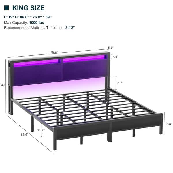 dimension image slide 2 of 13, Farmhouse Wood Platform Bed Frame with Charged Station and LED Lights