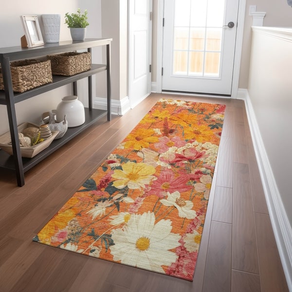 slide 2 of 7, Machine Washable Indoor/ Outdoor Floral Garden Chantille Rug 2'3" x 7'6" - Orange