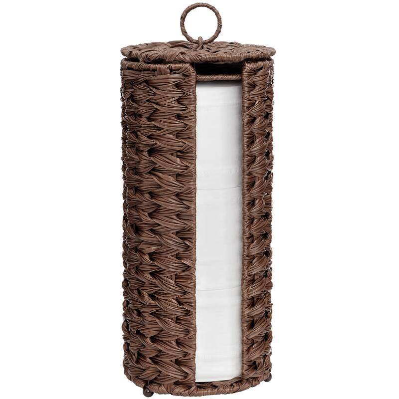 Freestanding Woven Toilet Paper Roll Holder with Lid for Bathroom, Power Room - 14.5'' H X 7'' W X 7'' D - Brown